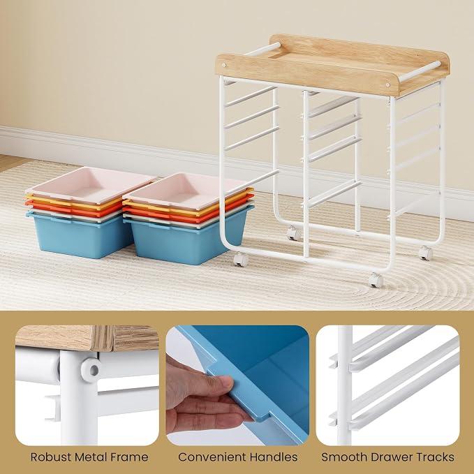 LDAILY Rolling Cart with Drawers, 10 Drawer Rolling Storage Cart with Wooden Tabletop, Metal Frame & Lockable Wheels, Craft Organizers and Storage for Home Office Classroom (Macaron, 10 Drawer)