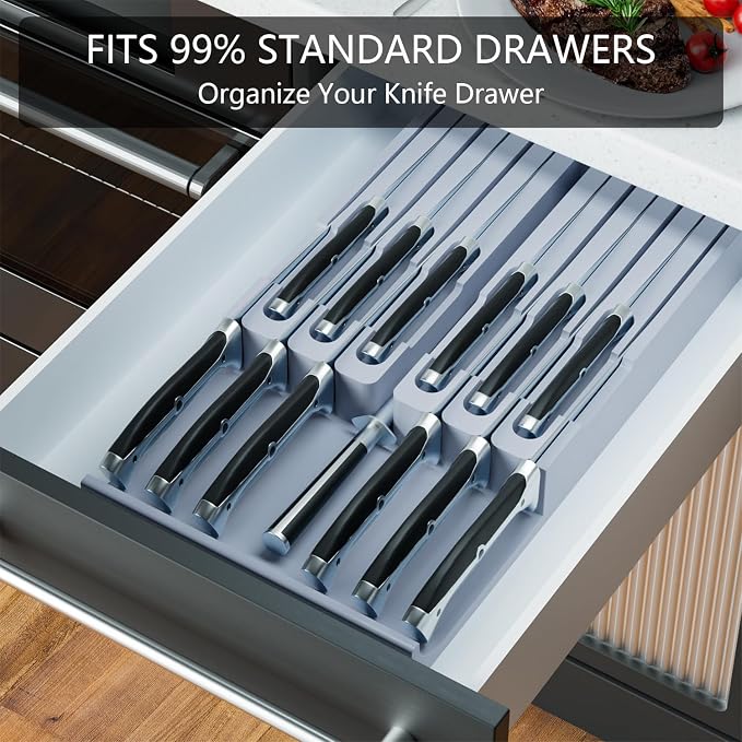 Domax Bamboo In-Drawer Knife Block Kitchen Knife Organizer Insert for 12 Knives and 1 Sharpening Steel(Not Included), Steak Knife Holder, Gray