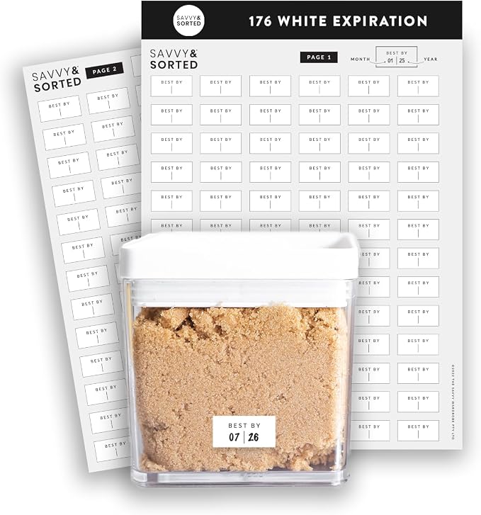 SAVVY & SORTED Expiration Date Pantry Labels,176 Waterproof Food Expiration Date Label for Containers, Kitchen Stickers for Food Freshness, Use by Meal Prep Labels, Best By Write On Labels