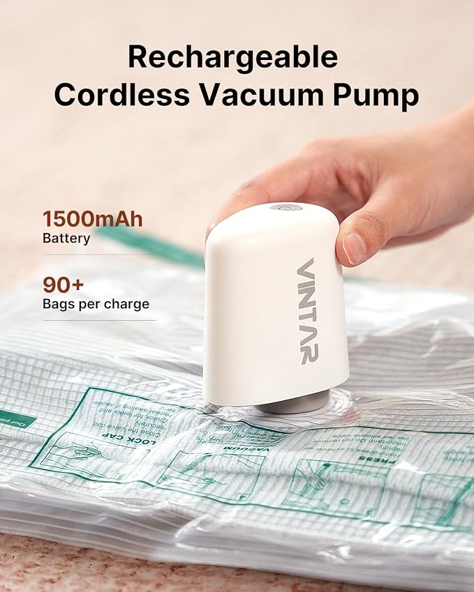 Vacuum Seal Bags for Clothing Travel with Rechargeable Cordless Pump, VINTAR 20 Pack Space Saver Vacuum Storage Bags Set (5XL/5L/5M/5S) for Clothes, Travel Compression Bags for Luggage and Suitcase