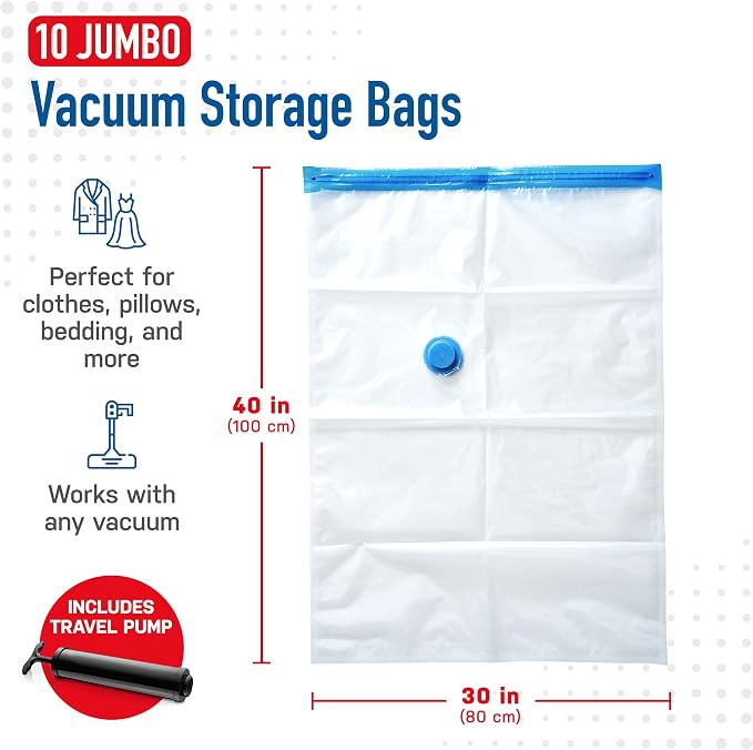 Spacesaver Jumbo Vacuum Storage Bags for Comforters, Blankets & Clothes – Vacuum Sealed Compression Bags with Hand Pump – Space Saver Storage Bags for Bedding, Moving, Travel & Organization (10 Pack)