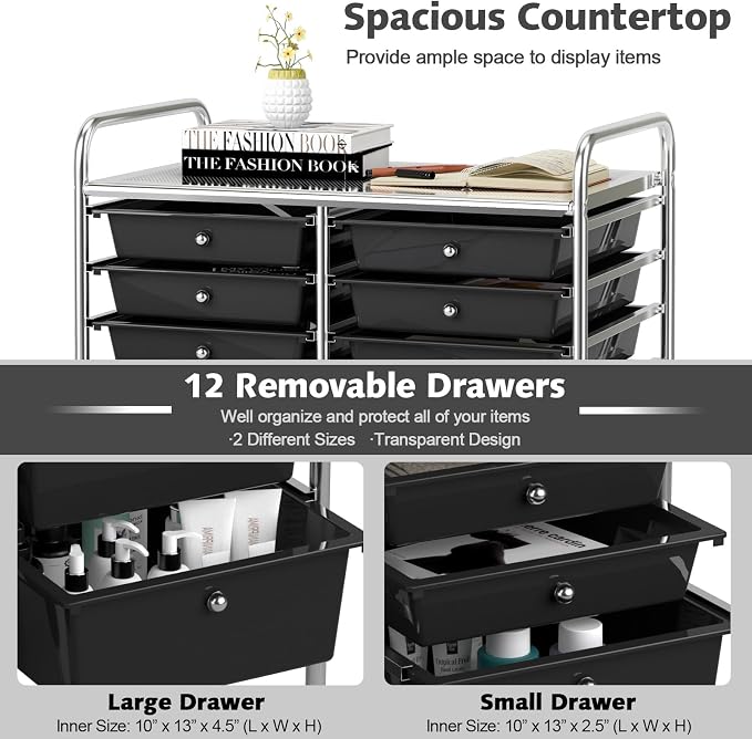 DREAMADE Rolling Cart with Storage Drawers, Utility Cart with Removable Plastic Drawers, Lockable Wheels, Art Cart for Classroom Organization Art Supplies Office Scrapbook (12 Drawers, Black)