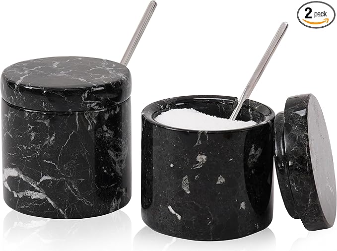 Marble Salt Cellar 3 Inch Black Salt Shakers Set for Kitchen, Salt Containers for Countertop, Sugar Bowl With Lid, Salt Holder, Spice Jars for Seasoning Storage, Salt Box