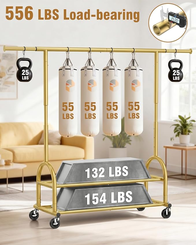 EAGMAK Heavy Duty Clothes Rack for Hanging Clothes Load 556 LBS, Height Adjustable Rolling Clothing Racks, Portable Metal Coat Rack Garment Wardrobe with Wheels and Shelves for Bedroom Laundry, Gold