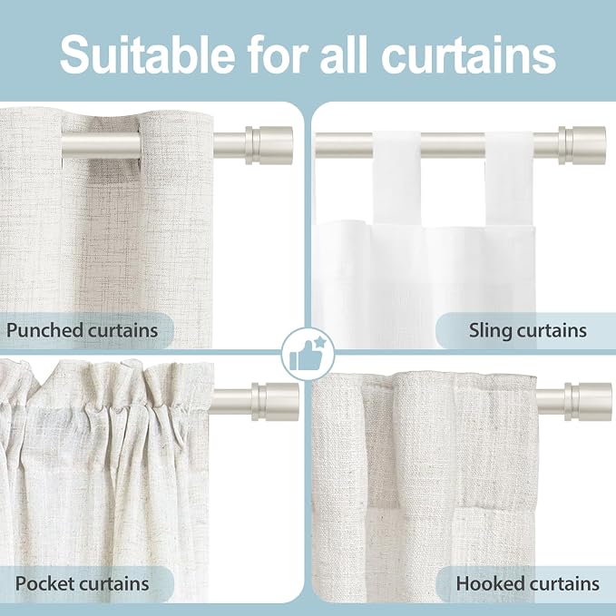 Byondeth Curtain Rods for Windows 16 to 120 Inches Adjustable Length 1 Inch Diameter Window Curtain Rod with Aluminium End Cap, Brushed Nickel