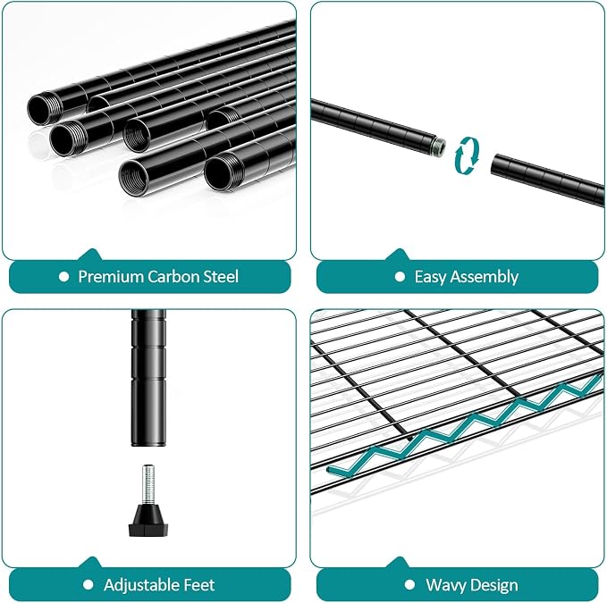 4 Tier Wire Shelf, 1000 LBS Black Wire Shelving Unit for Garage Storage | 13.8" D X 23.6" W X 53.4" H Shelving Unit with Adjustable Layer, Metal Wire Shelf Rack for Pantry Kitchen and Restaurant