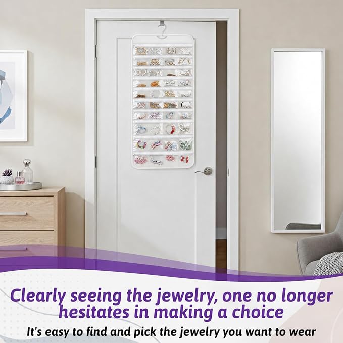 2 Pack Hanging Jewelry Organizer with 80 Zippered Pockets (White) | Dual-Sided Dustproof Foldable for Travel, Accessories Organizer for Holding Jewelries, Earring Organizers and Storage