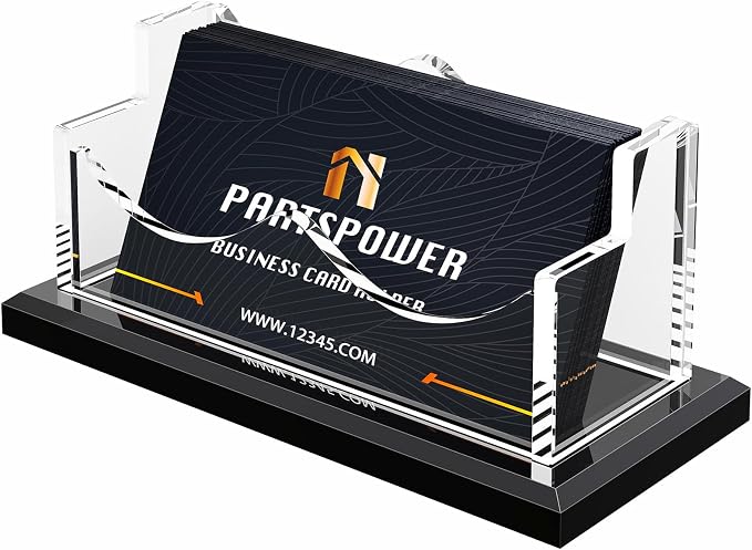 PARTSPOWER Acrylic Business Card Holder for Desk, Horizontal Clear Business Name Card Display, Black Acrylic Base, Desktop Accessory Business Name Card Organizers (1-Slot)