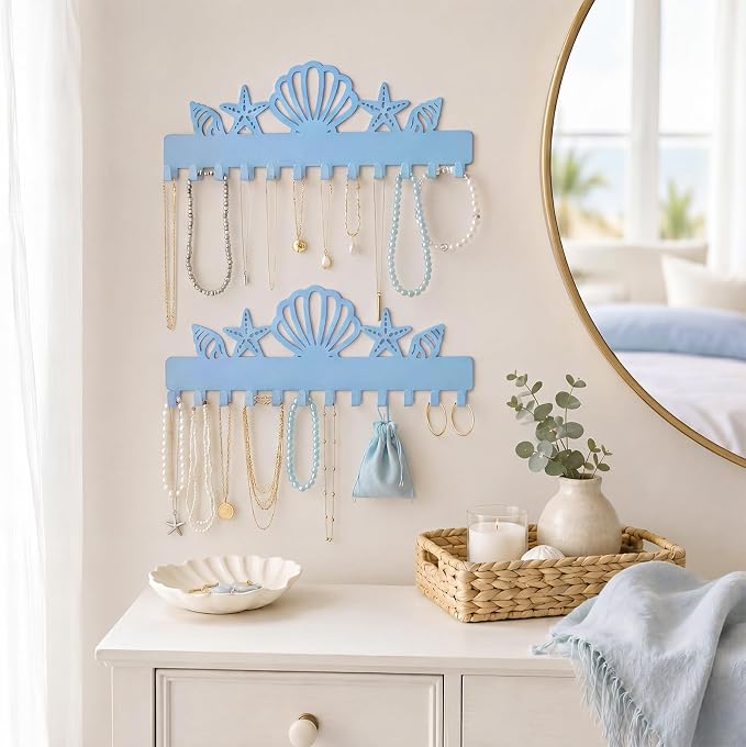 Hicarer 2 Pack Ocean Necklace Holder Wall Mount with 24 Hooks Adhesive Metal Seashell Starfish Hanger Coastal Jewelry Organizer Beach Decor for Earrings Bracelets Rings