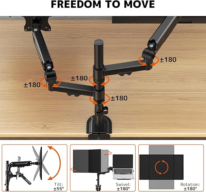 PUTORSEN Laptop Arm Mount for 17-35'' Monitors & 12-18'' Notebook | 19.8lbs per Arm, Laptop Monitor Mount with Adjustable Laptop Tray, C-clamp or Grommet Mount,VESA 75/100mm