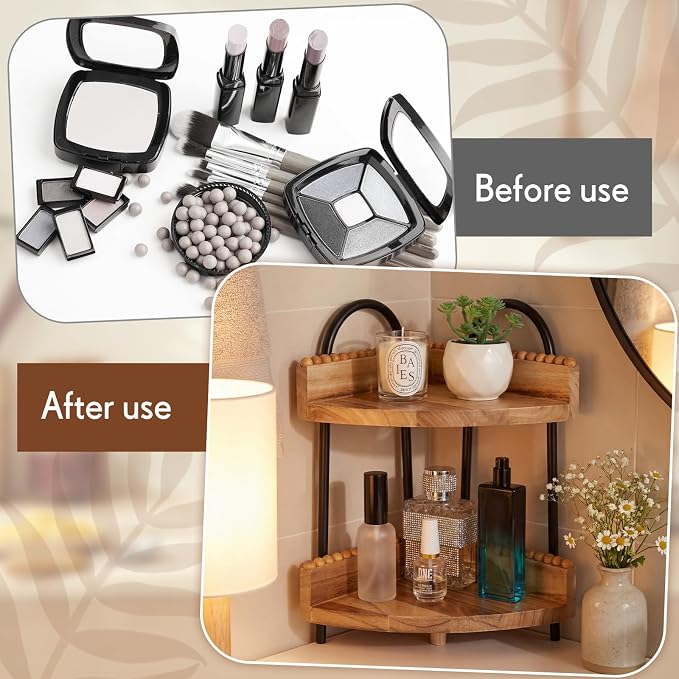 AceOrbit 2 Tier Bathroom Corner Counter Organizer Countertop Organizer, Vanity Counter Corner Shelf for Cosmetic Skincare Perfume, Wood Bead Storage and Organization for Bathroom Kitchen