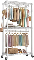NEWBULIG Heavy Duty Clothing Rack with Wheels, 3-Tier Adjustable Wire Garment Rack, Metal Freestanding Closet Organizer System with Double Hanging Rods & 8 Side Hooks, 35" x 15" x 75", White