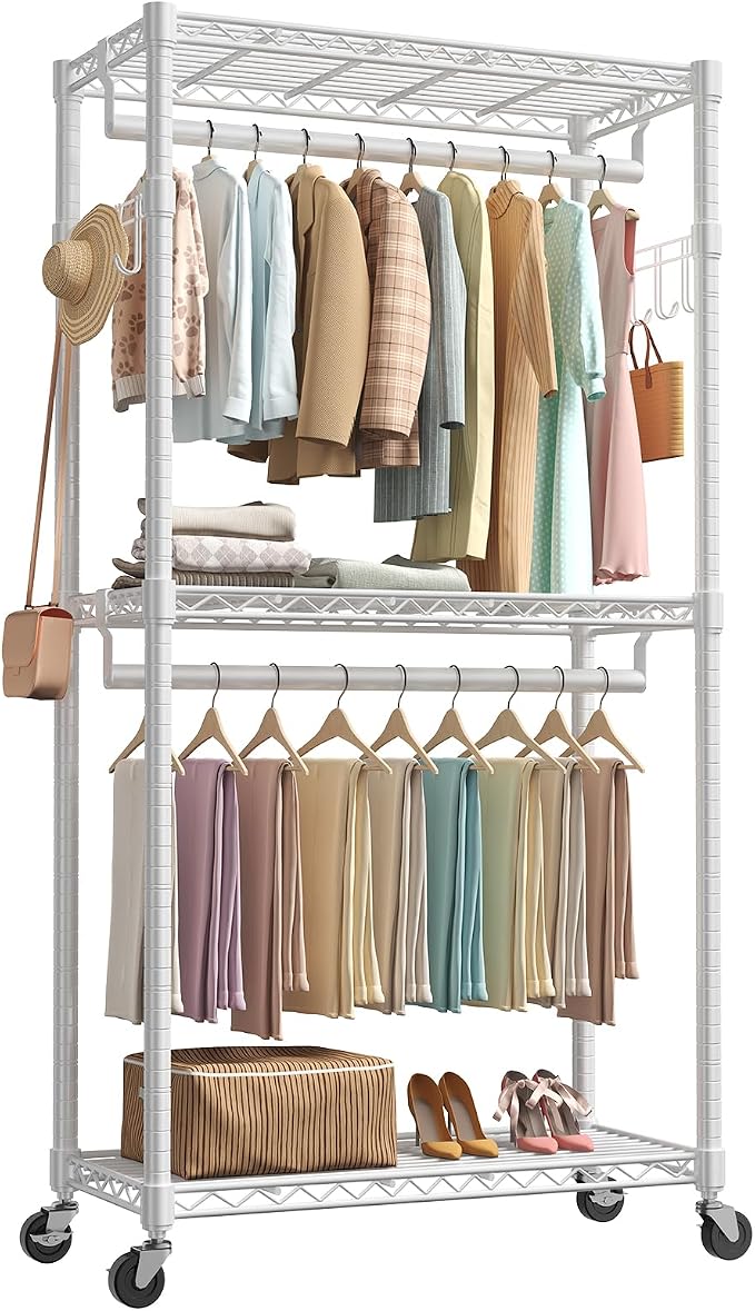 NEWBULIG Heavy Duty Clothing Rack with Wheels, 3-Tier Adjustable Wire Garment Rack, Metal Freestanding Closet Organizer System with Double Hanging Rods & 8 Side Hooks, 35" x 15" x 75", White