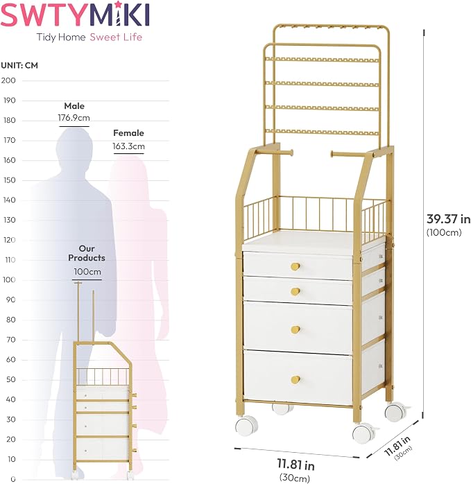SWTYMIKI Gold Jewelry Organizer Stand - Multifunctional Rack Tower for Necklace, Earring, Ring & Bracelet Display - Moveable Storage Jewelry Holder Stand with 4 Nonwoven Drawers for Bedroom Gold
