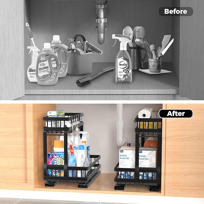Upgrade Under Sink Organizer for Bathroom Kitchen, 2 Tier Cabiner Slide Out Shelves Basket Stable Carbon Steel Shelf Storage for Home, Laundry Room