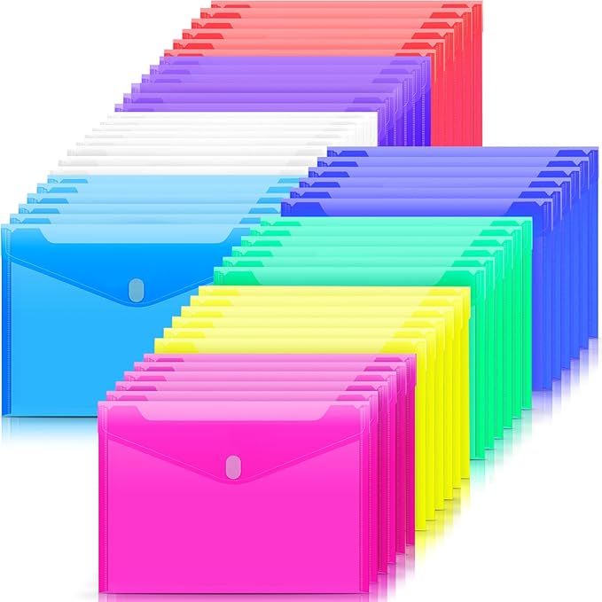 Sooez 50 Pack Plastic Envelopes File Folders, Plastic Folders with Safe Closure, Colored Folder for Documents Organizer Letter/A4 Size, Clear Filing Folder for Office School Supplies Storage, 8 Colors
