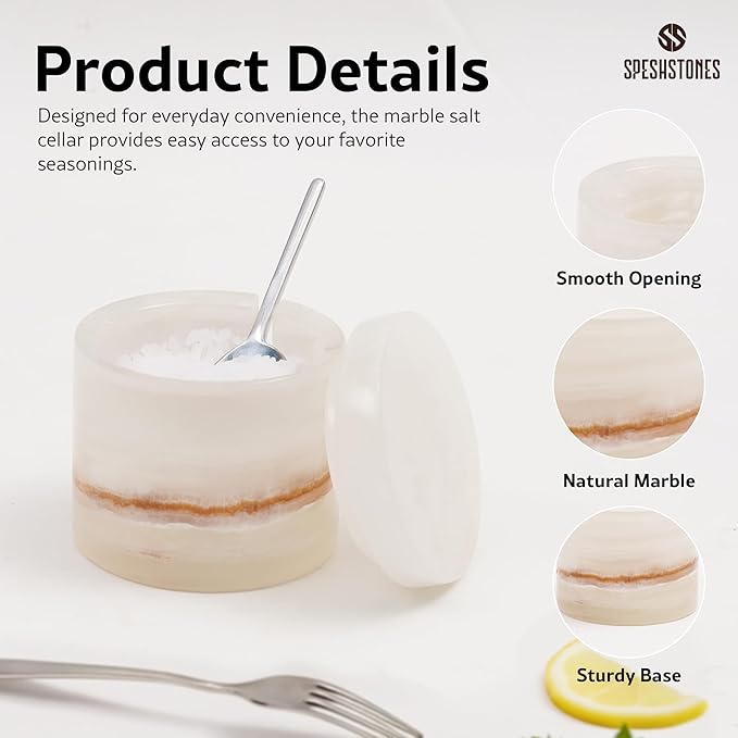 Marble Salt Cellar 3 Inch Cream Onyx Salt Containers for Countertop, Sugar Bowl With Lid, Salt Holder, Spice Jars, Salt Box for Seasoning Storage Container, Salt Dish for Kitchen Decor