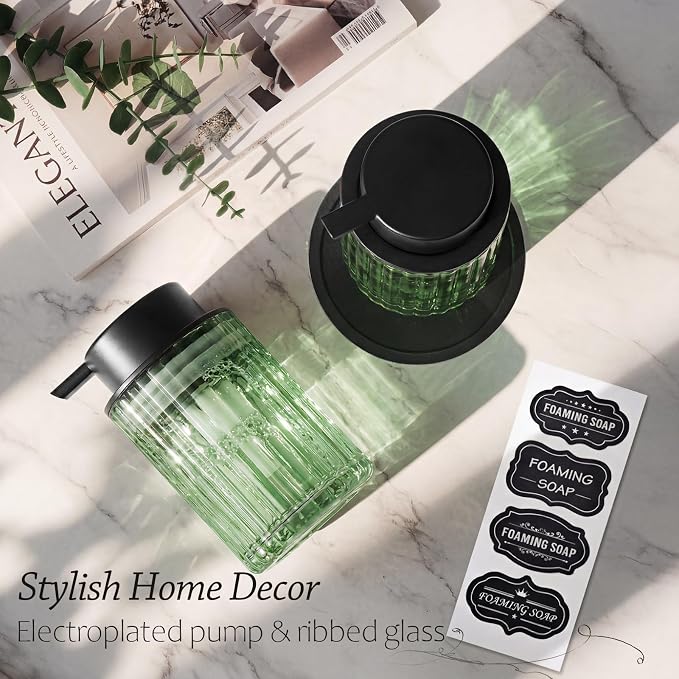 Foam Soap Dispenser, 8oz Green Glass Refillable with Black Pump, 1 Pack | Glass Foaming Soap Dispenser for Liquid Soap or Lotion, Vertical Ribbed Decor for Bathroom Vanity, Kitchen, Commercial Use