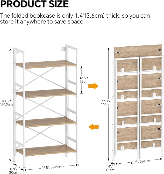 4 Tier Folding Bookshelf, Foldable Book Shelf, Industrial Metal Tall Bookcase, Etagere Book Shelf Storage Organizer for Living Room, Bedroom, and Home Office (Light Coffee, 4 Tier)
