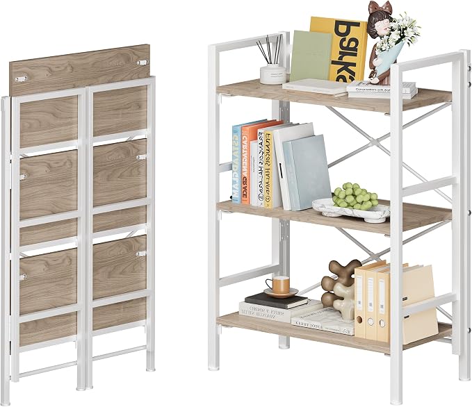 Homeiju Folding Bookshelf No Assembly, 3 Tier Bookcase Foldable Shelf with X-Bracket Design, Adjustable Feet, Space Saving Storage for Living Room, Office (Light Coffee)