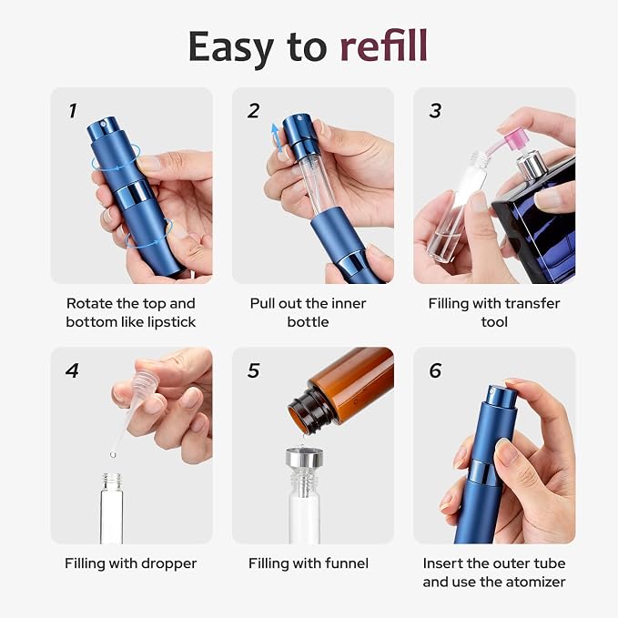 LISAPACK 8ML Atomizer Perfume Spray Bottle for Travel (3 PCS) Empty Cologne Dispenser, Portable Sprayer (Gold, Silver, Blue)