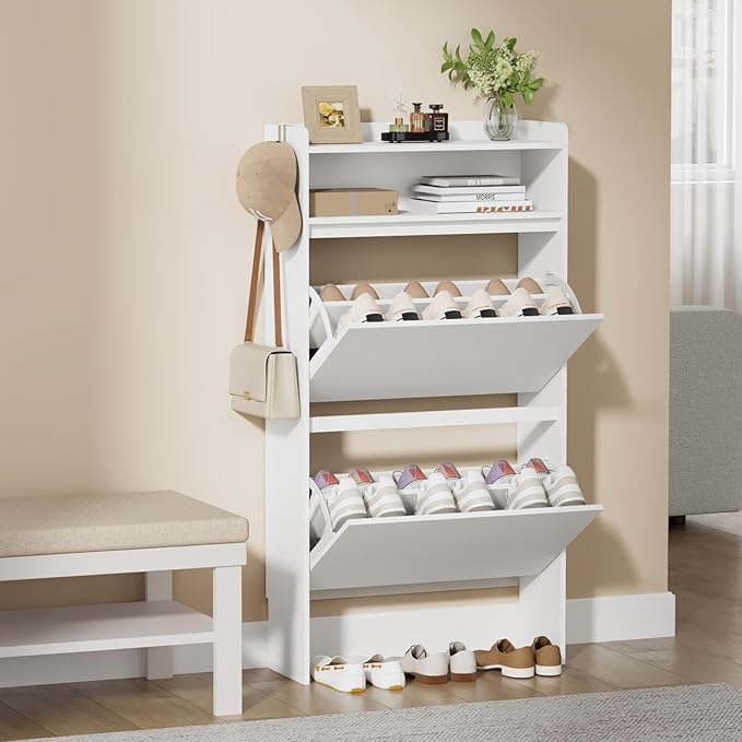 Shoe Cabinet Organizer with 2 Flip Drawers, Freestanding Shoe Rack Cabinet, Narrow Shoe Cabinet Storage for Entryway, Foyer, Hallway, White, 23.6" W