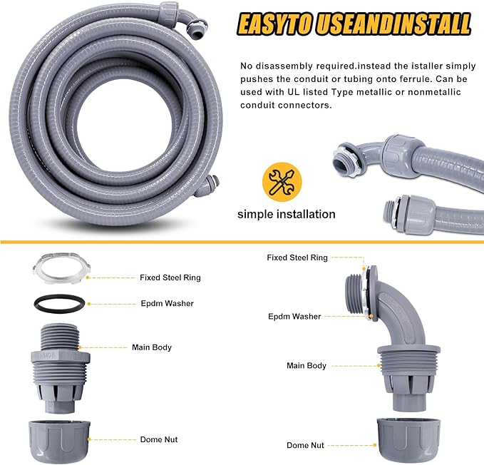 Liquid-Tight Conduit 1inch 25 Foot, Flexible Non Metallic Liquid Tight Electrical Conduit and Connector Kit, with 5 Straight and 3 90-Degree Connector Fittings, 1" Dia