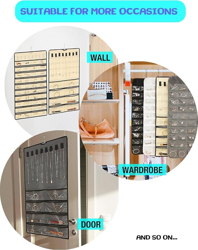 Hanging Jewelry Organizer: Necklace & Earring Holder with Pockets for Closet, Wall or Door (Grey)