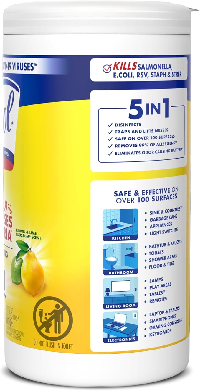 Lysol Disinfecting Wipes, Multi-Surface Cleaner, Lemon, 80 ct. | All Purpose Cleaner, Sanitizing, Deodorizing, Apartment Essentials, Back To School Cleaning Supplies, Kitchen & Bathroom Wipe