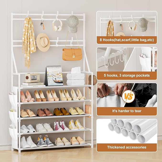 OYREL Shoe Rack 5 Tier Shoe Racks Organizer 20-25 Pairs for Closet | Entrance Shoe Storage Shelf with Hooks and Side Pocket Entryway Shoe Holder Space Saving Free Standing Shoe Racks