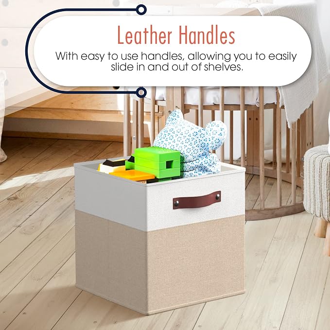 Ornavo Home 13x13 Foldable Fabric Storage Cube Bins, 6 Pack, White/Khaki | Collapsible Linen Shelf Basket Organizer; Leather Handles; Ideal Cube Storage For Closet