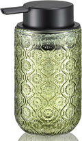 Green Glass Liquid Hand Soap Dispenser with Matte Black Pump Thick Embossed Bottle Refillable for Bathroom and Kitchen Decor 13.5 oz