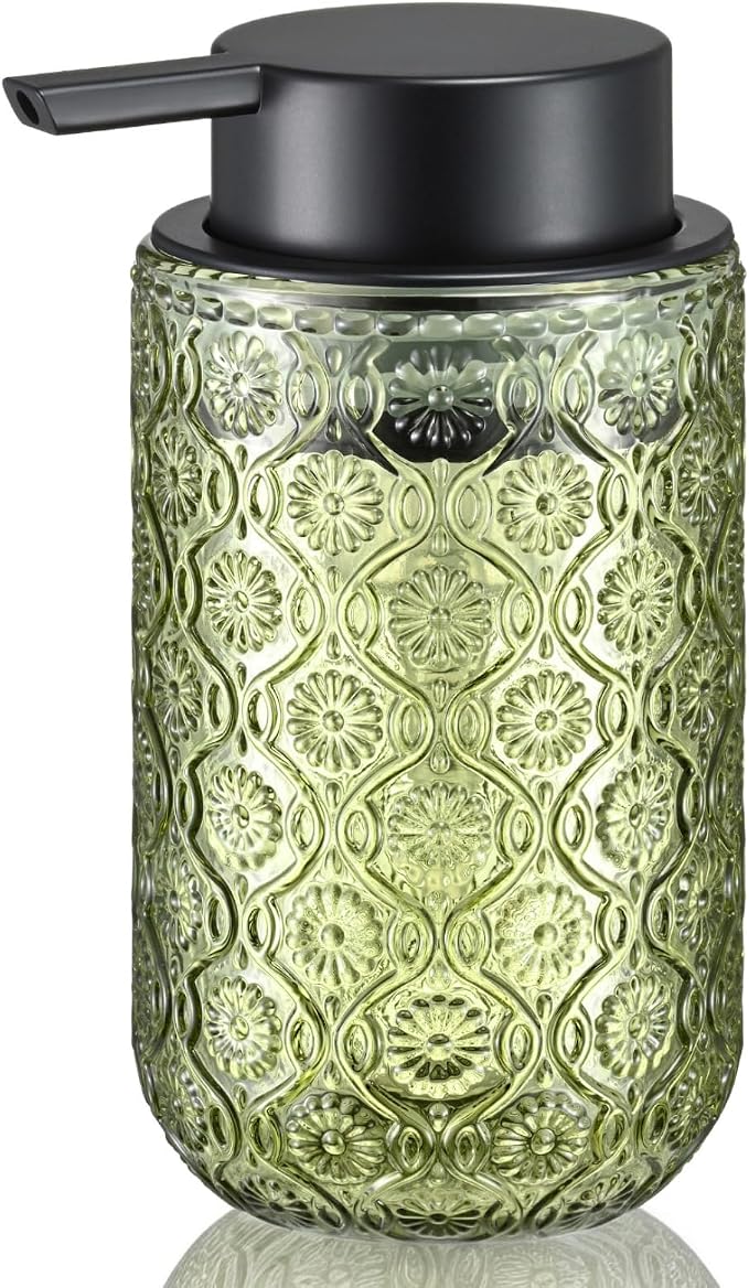 Green Glass Liquid Hand Soap Dispenser with Matte Black Pump Thick Embossed Bottle Refillable for Bathroom and Kitchen Decor 13.5 oz