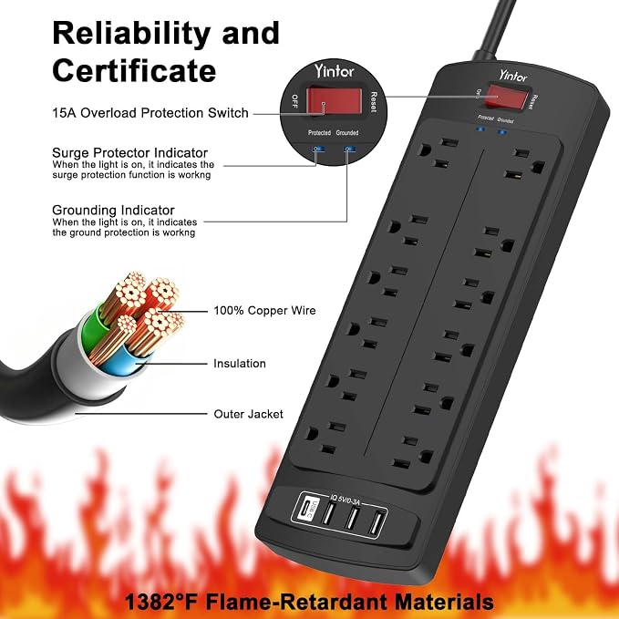 10 Feet Extension Cord Power Strip, Yintar Surge Protector with 12 AC Outlets and 4 USB Ports, 2700 Joules, ETL Listed, Black