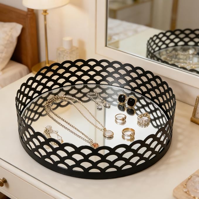 Black Metal Decorative Tray with Mirror Base - Round Vanity Tray for Makeup Brushes, Jewelry, Perfume, and Home Décor(7.3”X2”)