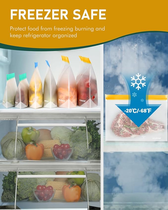IDEATECH Reusable Gallon Freezer Bags Dishwasher Safe, Leakproof Reusable Gallon Bags Stand Up, Extra Large & BPA Plastic Free Food Storage Containers for Meats, Veggies(6 Pack)