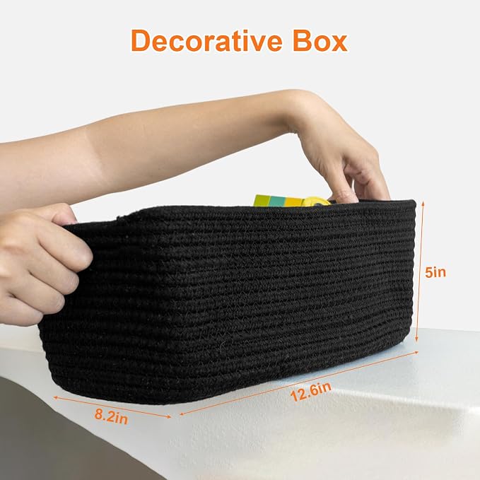 Small Storage Baskets for Organizing, Woven Storage Bins for Shelves, Gift Basket Empty, Baby Rope Basket, Dog Toy Storage, Cute Decorative Closet Organizer, 13.2x8.2x5.2”, 3Packs Black