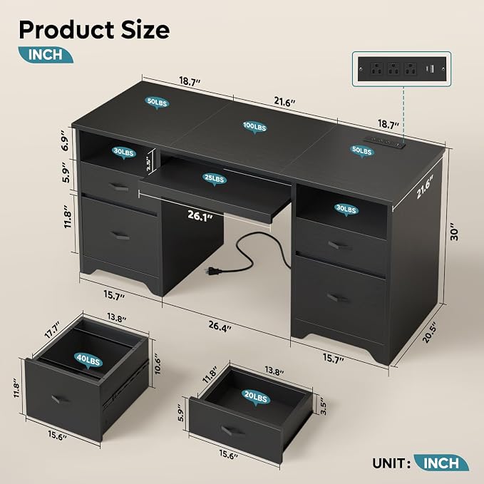 Bestier 59” Computer Desk with 4 Drawers, Charging Station, Black | Office Desk with Storage, Modern Executive Desk with Keyboard Tray & Wooden Pedestals on Both Sides for Home Office & Studio