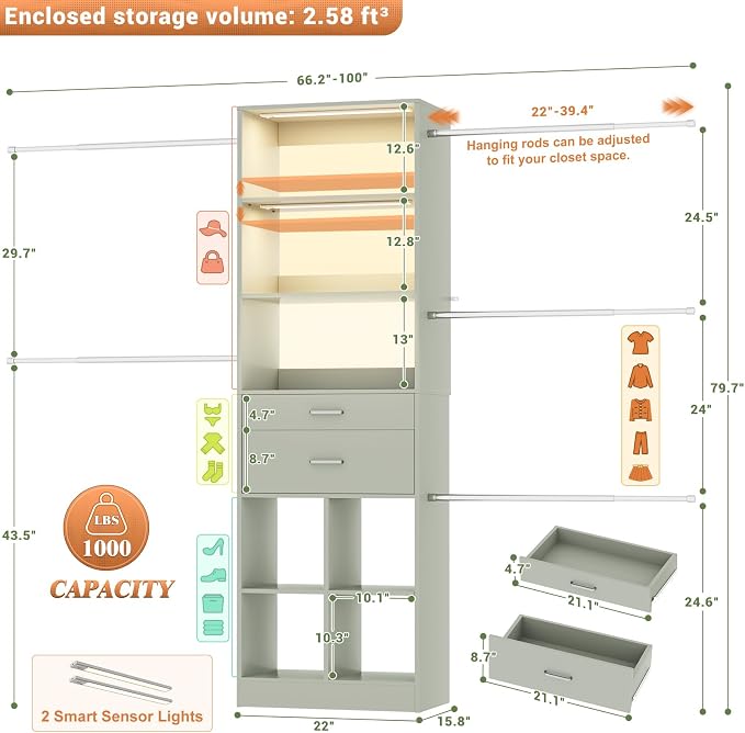 Besiost Closet System, 4-8 FT Closet Organizer System with Smart Sensor Lights, 2 Wooden Drawers and 5 Hanging Rods, Crab Green