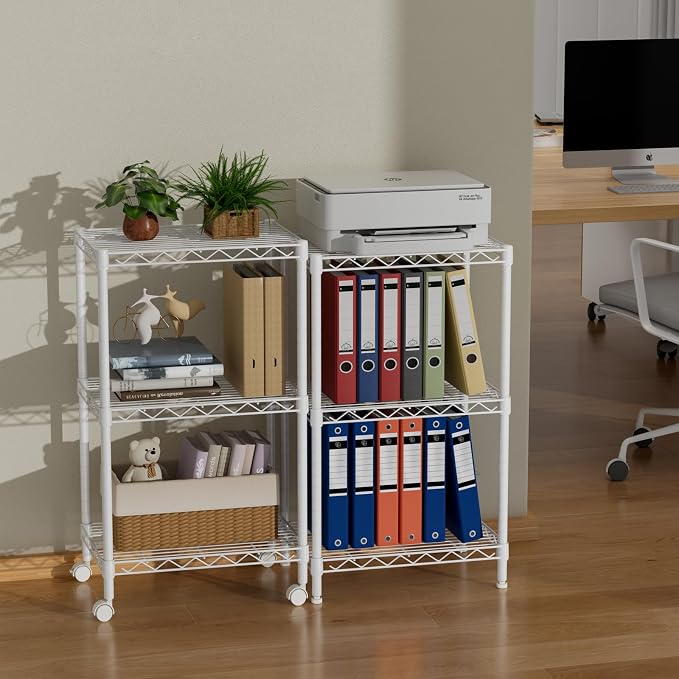 Golpart Small Shelves Storage Wire Metal Adjustable Shelf Unit with Wheels | 3 tier Shelving Organizers Storage Shelving for Bathroom Laundry Room Kitchen Pantry 11.7”D x 17.7”W x 30.7”H White