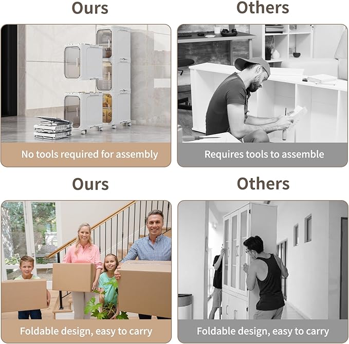 2 Tier Slim Bathroom Storage Cabinet, Foldable and Movable, White | Tools Free, ABS and PET, Magnetic Clear Door, Adjustable Shelves, Lockable Wheels, Water Resistant, For Narrow Space