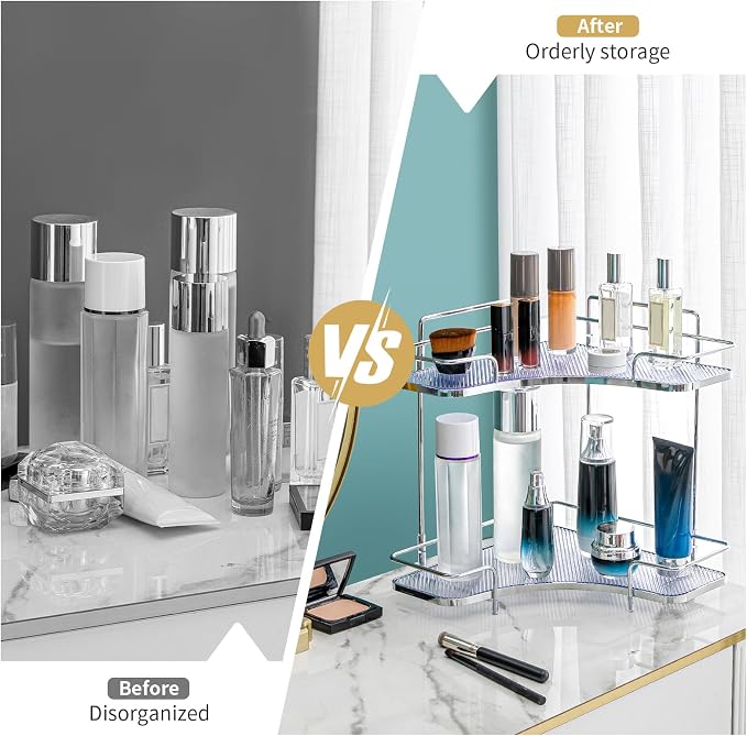 Seoneiro 2 Tier Corner Bathroom Counter Organizer, Cosmetic Skincare Organizer, Bathroom Countertop Perfume Tray Vanity Organizer, Kitchen Spice Corner Storage Shelf