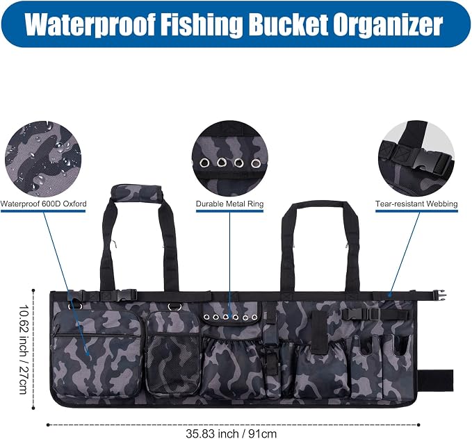 Fishing Bucket Organizer with Mesh Cover Fishing Tackle Bag | 600D Waterproof, Multi-Pockets, Adjustable Buckle, Fits 5 Gallon Bucket, Fishing Gear and Equipment