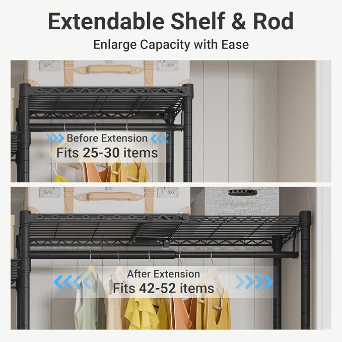 VIPEK X3 Basic Expandable Closet System, Heavy Duty Freestanding Open Wardrobe with Long Hanging Area, 5 Hanging Rods & 6 Adjustable Shelves, Fits 5.10 to 8.8 FT, Black