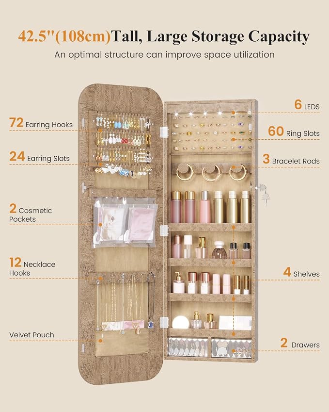 LVSOMT 6 LEDs Mirror Jewelry Cabinet Door Hanging, 42.5", Lockable, Brown | Jewelry Organizer with Full Length Mirror, Wall Mounted Large Jewelry Storage for Earrings, Rings, Necklaces