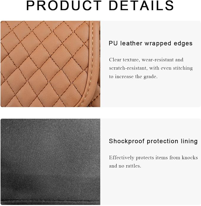 DXNQ Car Purse Holder Between Seats, Luxury Leather Front Seat Back Handbag Organizer with Tissue Box Cup Holders, Auto Large Capacity Multi Pocket Purse Holder Hanging Storage Bag (Brown)