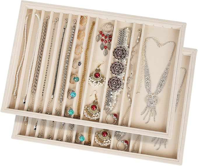 2 Sets Large Jewelry Trays with Drawer Insert Velvet Jewelry Organizer Tray for Women, Jewelry Display Trays with 16 Grids