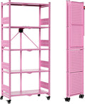 WORKPRO 5-Tier Folding Shelf, No-Assembly Metal Storage Rack with Wheels, 750 lbs Capacity (with Leveling Feet), Collapsible Shelving Unit for Kitchen, Pantry, Closet & Craft Shows - Pink