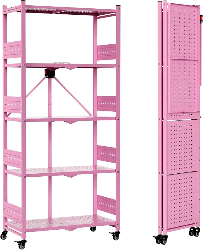 WORKPRO 5-Tier Folding Shelf, No-Assembly Metal Storage Rack with Wheels, 750 lbs Capacity (with Leveling Feet), Collapsible Shelving Unit for Kitchen, Pantry, Closet & Craft Shows - Pink