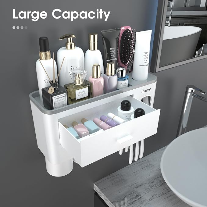 iHave Toothbrush Holders Wall Mounted with Toothpaste Dispenser & 3 Cups | All-in-One Bathroom Organizer: 3 Cups, 6 Slots, Toothpaste Dispenser, Large Tray & Drawer. Wall Mount, No Drilling Required